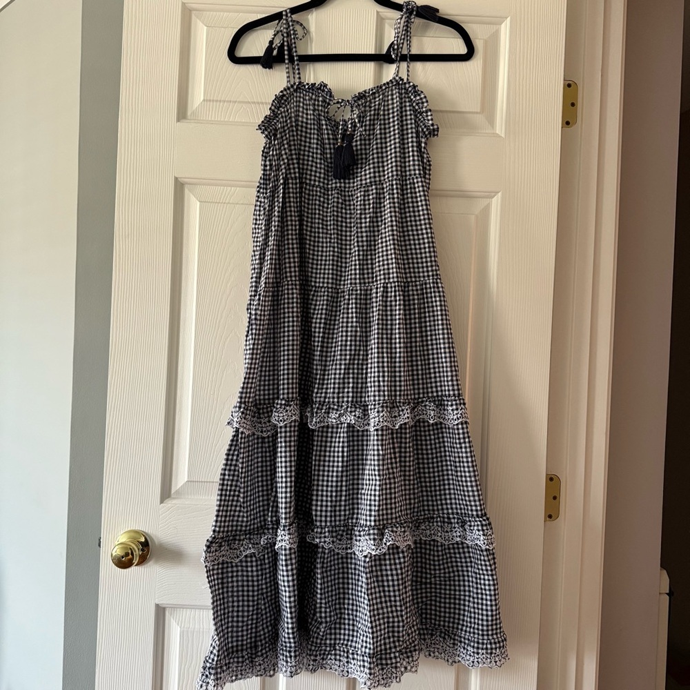 J Crew Scalloped Tiered Midi Dress Gingham- size S